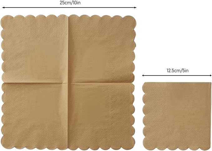 100 Pack Cocktail Napkin 2-Ply Scalloped Edged Dessert Napkins Folded 5 x 5 Inches Disposable Napkins for Dinner Wedding Birthday Party Bridal Anniversary Reception Event (Brown)