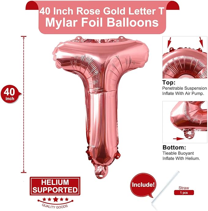 Lovoir 40 Inch Large Rose Gold Letter T Balloons Big Size Jumbo Mylar Foil Helium Balloon for Birthday Party Celebration Decorations Alphabet Rose Gold T