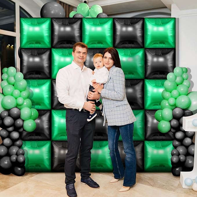 25 Pcs Video Game Party Double Sided Square Foil Balloons Wall Backdrop 19 Inches Green and Black Foil Balloons Tunnel Arch Garland Kit for Boy Game Theme Birthday Party Background Decoration