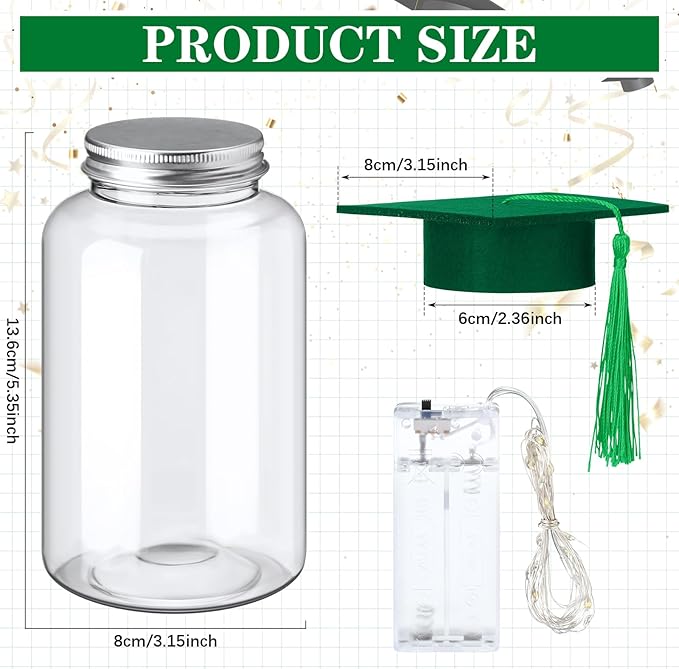 Boao 16 Sets Graduation Table Decoration Set with LED Light up Graduation Decorations for Class of 2026, Grad Jar, Felt Grad Hat and Stickers for High School College(Green,Vivid)