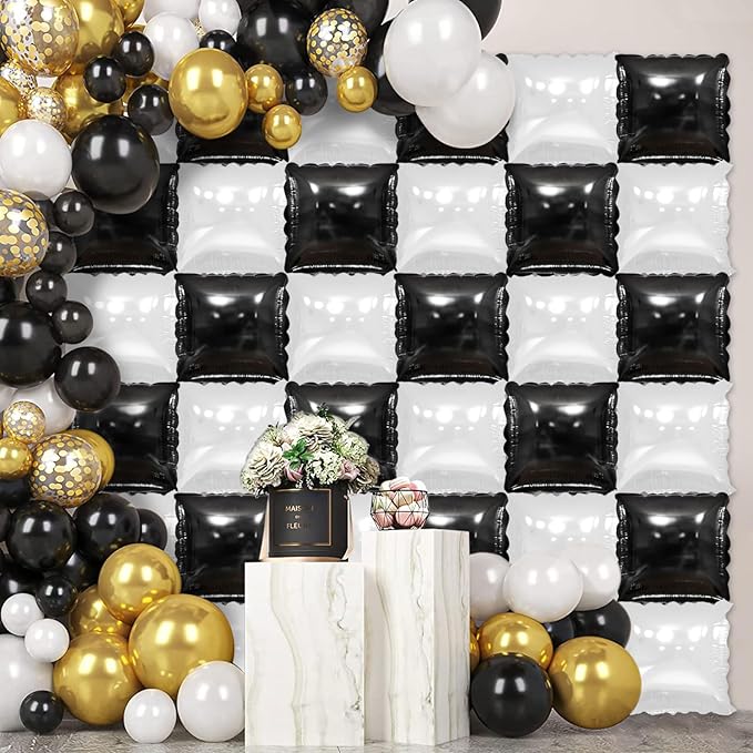 36 Pcs Black and White Square Foil Balloon Wall Backdrop Double Sided Race Car Checkered Balloons Backdrop Tunnel Arch Kit Mylar Square Balloons for Race Car Birthday Party Decorations