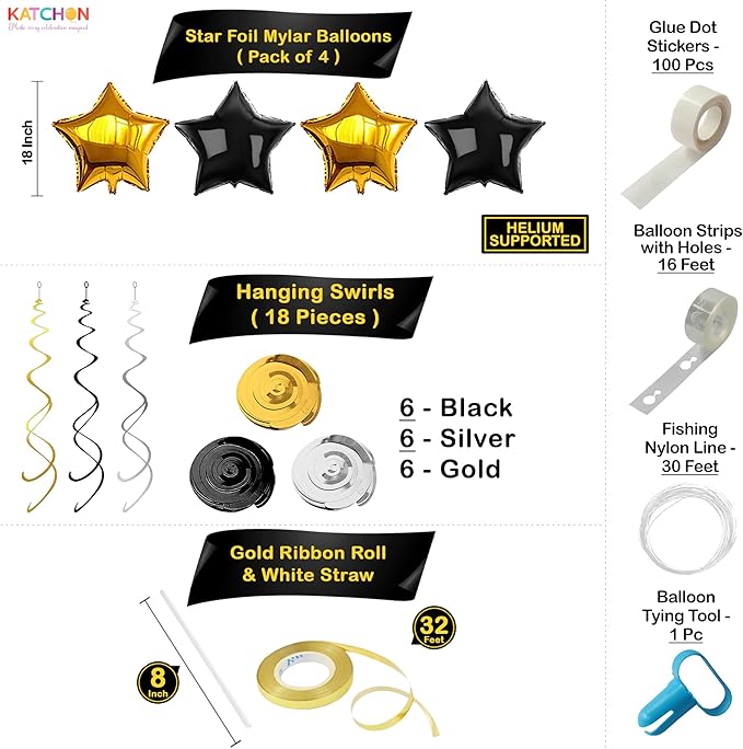 KatchOn, New Years Eve Party Supplies 2026 - Huge Set, Pack of 112 | Black and Gold 2026 Balloon Arch Kit with Gold Fringe Curtain Backdrop | Happy New Year Decorations 2026, NYE Decorations 2026