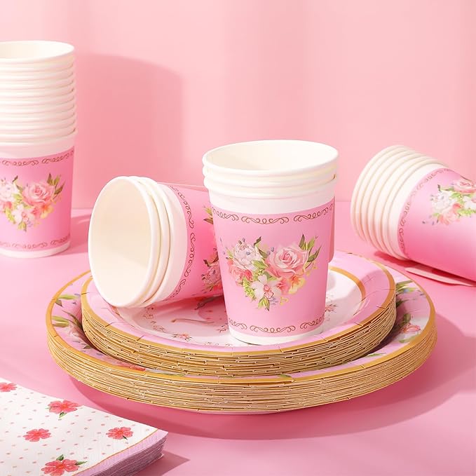 Whaline Pink Tea Party Tableware Supplies Serves 24 Pink Floral Tea Party Disposable Paper Dinnerware, 24 9" Plates 24 7" Saucer Plate 24 9oz Tea Cups with Handle 48 Luncheon Napkins