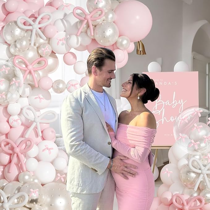 Pink Bow Birthday Decorations,220Pcs Pink Bow Balloon Arch Kit with 260 Clear Double Stuffed Pearl Balloons Ribbon Bow Pearl Stickers for Bow Coquette Birthday Bachelor Bridal Baby Shower Wedding