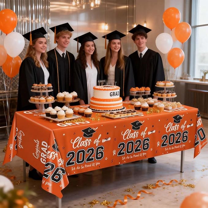 Oigco Graduation Decorations Class of 2026, 2 Pack Orange Graduation Tablecloths, Congrats Grad Plastic Table Cloths for Graduation Party Decorations, 54 x 108 Inch