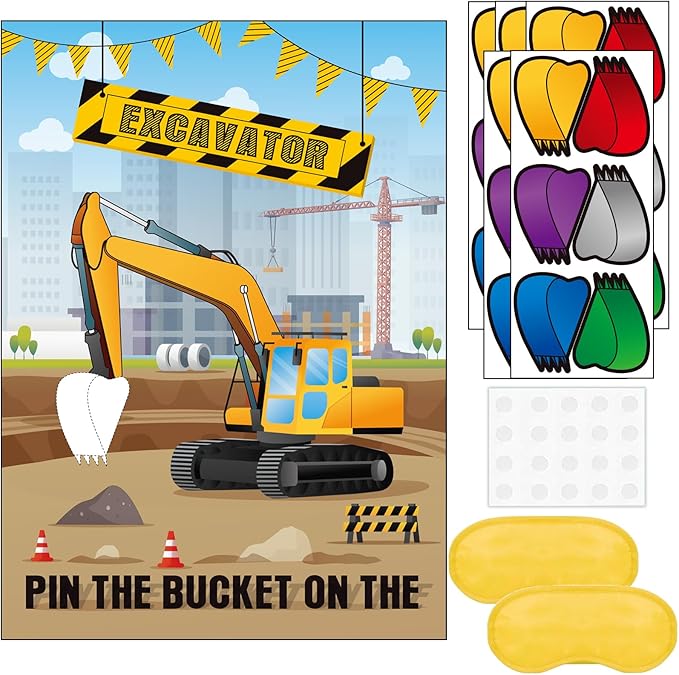 Pin The Bucket on The Excavator Party Games -Construction Themed Birthday Games for Kids Boys with 21'' x 28'' Truck Game Poster, Resuable Stickers Construction Party Supplies Party Favor Sets
