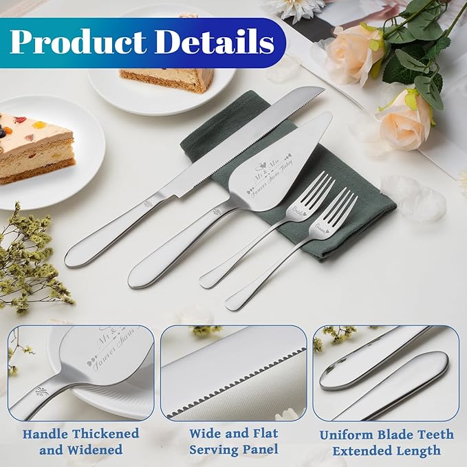 Cake Cutting Set for Wedding, Elegant Cake Knife and Server Set with Stainless Steel Forks, Cake Cutter and Pie Spatula for Couples Wedding Registry, Engagements, Anniversary, 4 Pcs, Silver