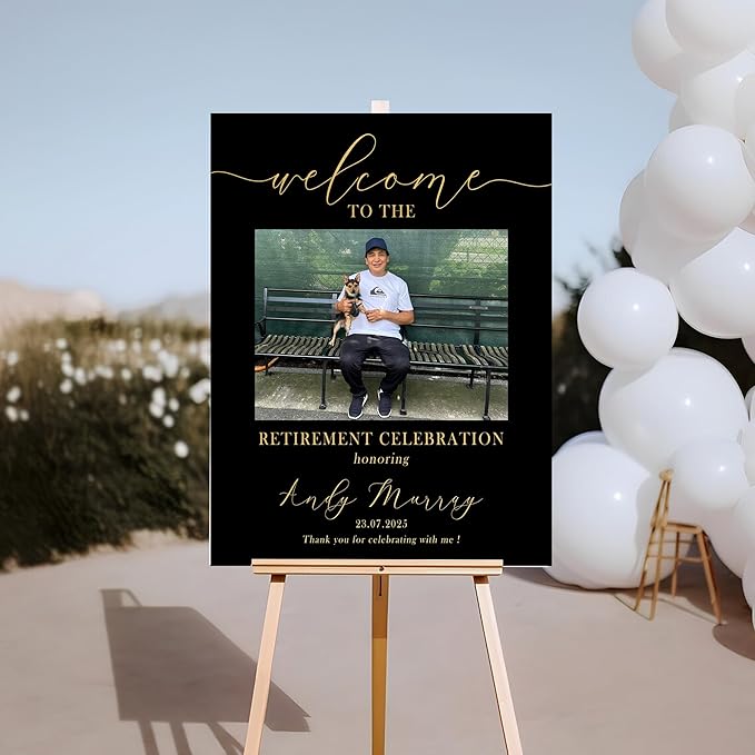 Custom Modern Retirement Party Welcome Sign, Black and Gold Minimal with Photo Retirement Celebration Yard Sign, Retired Party Decor, Customizable Name & Date - Multiple Sizes