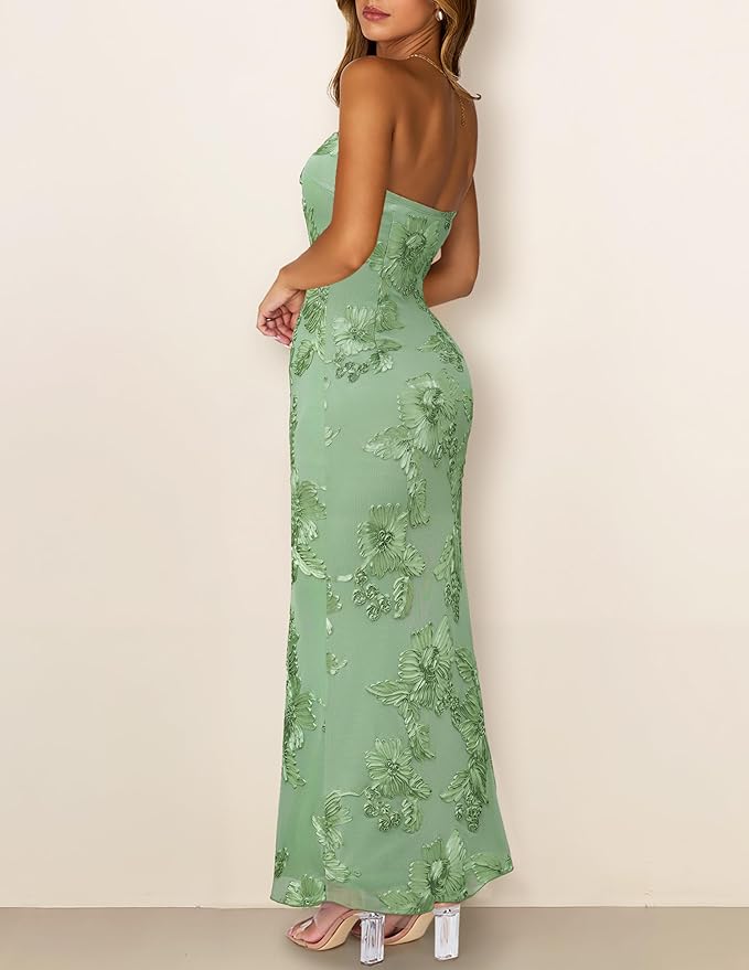 MEROKEETY Women's Floral Strapless Maxi Dress 2026 Summer Mesh Tube Bodycon Formal Wedding Guest Cocktail Party Long Dresses