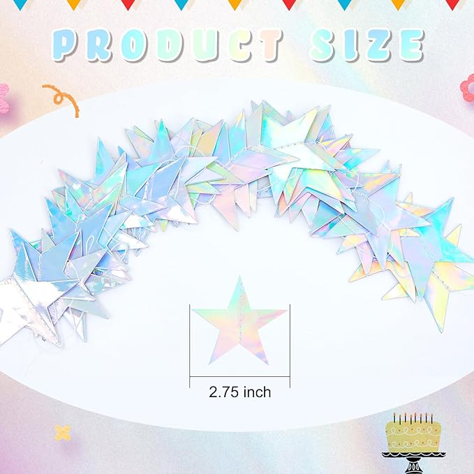Spakon 65 Feet Glitter Star Paper Garland Banner Hanging Decoration Star Streamers Double Side 2026 Graduation Decorations for Wedding Birthday Festival New Year Party Decoration (Iridescent)