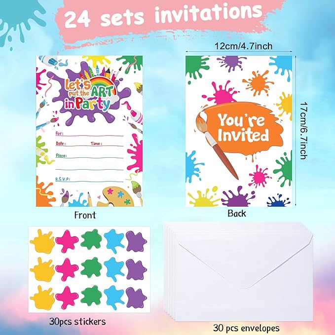 Pajean 24 Set Art Painting Party Invitations with Envelopes Colorful Birthday Cards Paint Themed Invitation Letters Paint Fill in Invites with 30 Stickers for Art Party Supplies