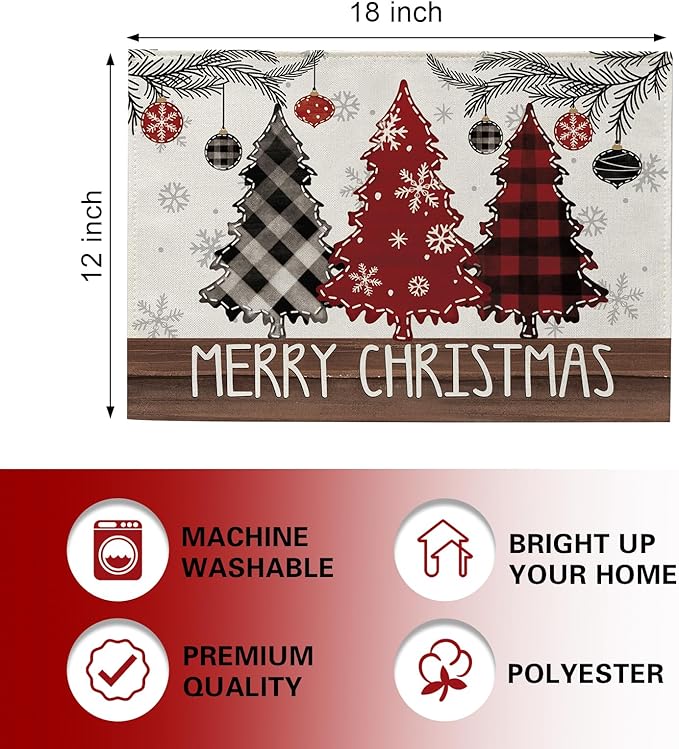Merry Christmas Tree Placemats Set of 4, Xmas Red Black Buffalo Plaid Snowflake Farmhouse Dining Place Mats Table Decor, Rustic Winter Holiday Balls Home Kitchen Decoration 12 x 18 Inches