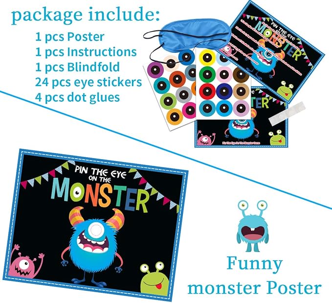 MISS FANTASY Halloween Games Kids - Pin The Eye on The Monster Halloween Party Decorations Gmaes Activities Crafts Supplies for Monster Birthday Family Children Boys Girls Classroom