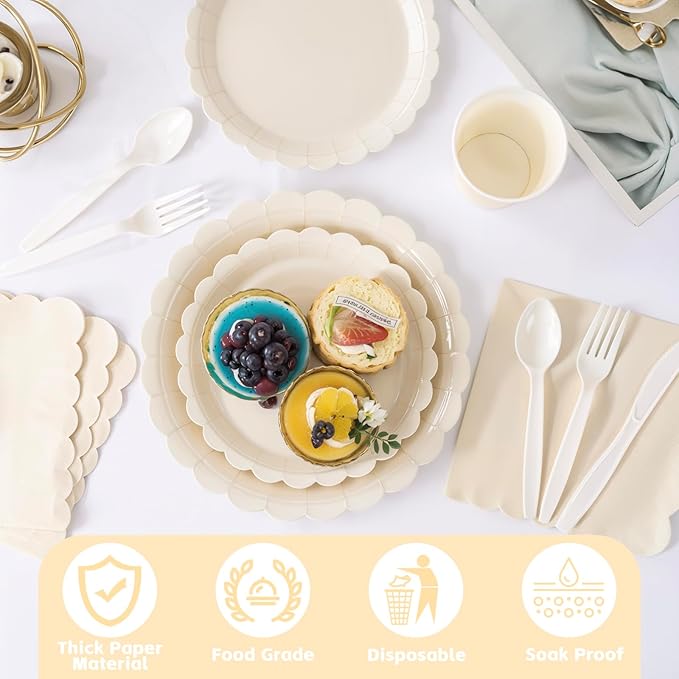 LIYH 350 Pcs Ivory Paper Plates and Napkins 50 Guest Cream Party Supplies Include Ivory Scalloped Disposable Paper Plates Cocktail Napkins Cups Spoons Forks Knives for Baby Shower,Birthday