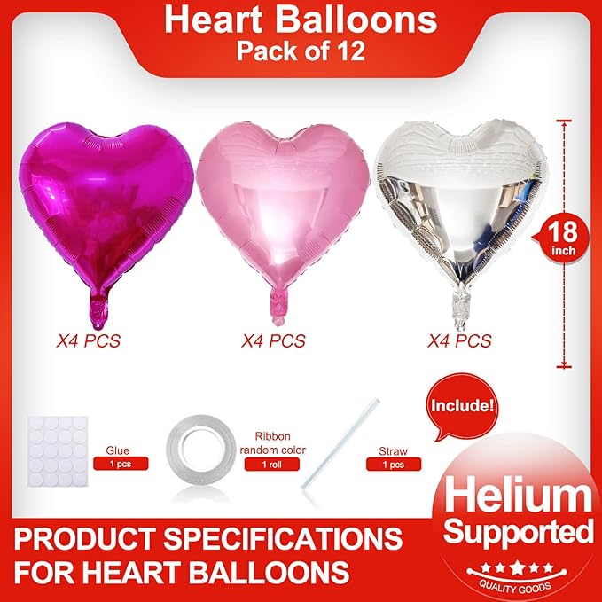 Hot Pink Heart Shaped balloons Pack of 12,18 Inch Silver Love Valentine Balloons Pink Heart Romantic Balloons For Valentines Day Wedding Bridal Shower Engagement Anniversary Party Decorations