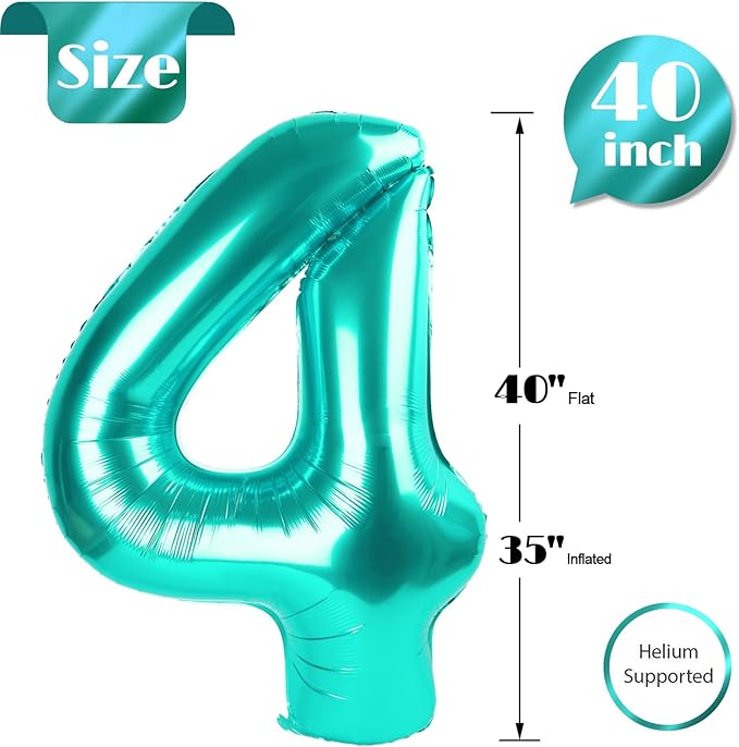Teal Blue 4 Balloon, Number Balloons 40 Inch, 4th Birthday Decorations for Girls Four Large Numbers for Party Decor, Number 4 Balloon
