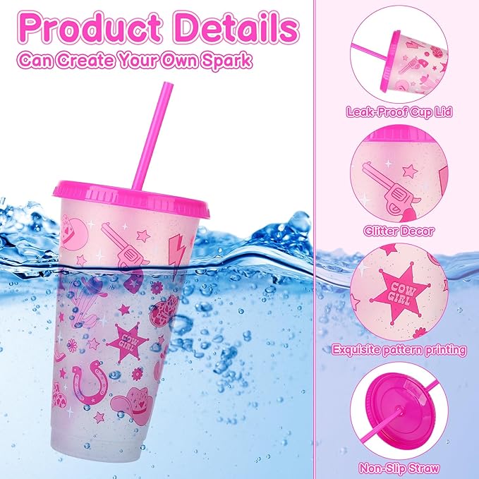 12 Pcs Western Cowgirl Cups with Lids and Straws 24 oz Cowgirl Party Favors Drinking Cups for Valentine's Day Western Party Favors Wedding Birthday Party Supplies