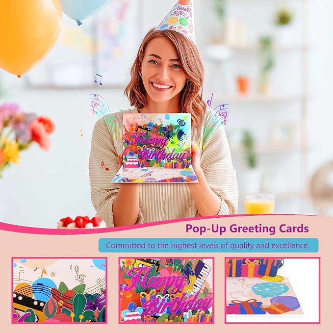 Musical Birthday Pop Up Card with Lights Sound, 3D Guitars Violins Happy Birthday Greeting Card - Plays 'Happy Birthday' Song, Auto LED Light Up, Includes Envelope Blank Note - Gift for Musicians and Music Lover