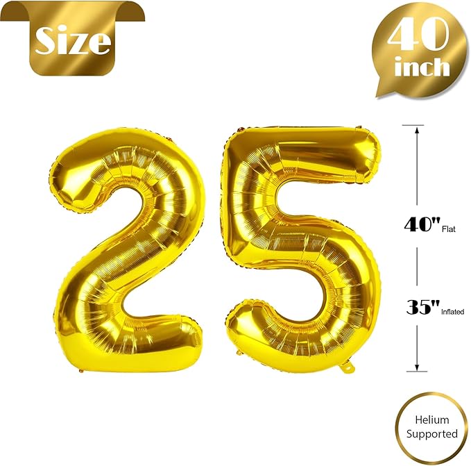25 Balloon Number, Gold Number 25th Birthday Balloons 40 Inch, 25 or 52 Years Old Gold Birthday Decorations for Men Women, 25th Anniversary Decorations