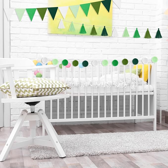 Irenare 9.8ft Pom Pom Garland Felt Rainbow Garland Graduation Party Decoration Colorful Pennant Tassel Banner Birthday Baby Shower Triangle Banner for Classroom School Mantel Fireplace(Gradient Green)
