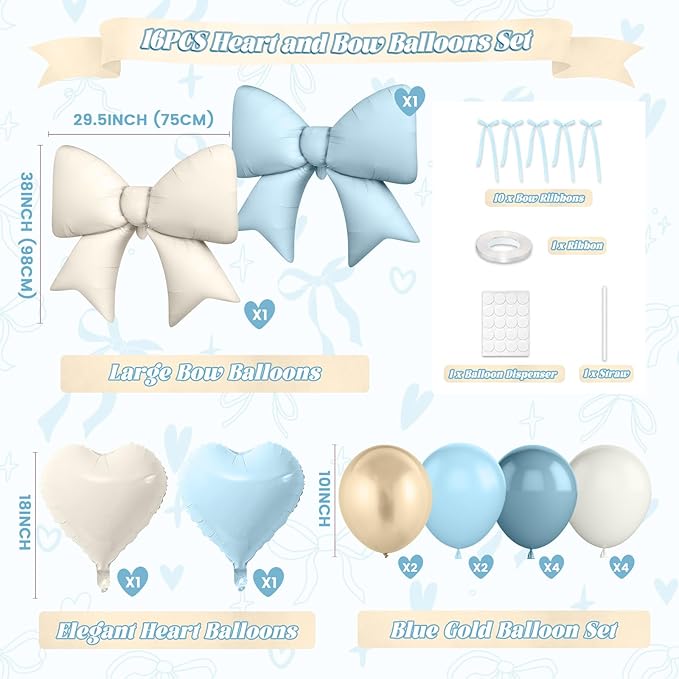Blue and Cream Heart Balloons, 38 Inch Bow Balloons, Dusty Baby Blue Sand White Champagne Gold Balloon and Bow Heart Shaped Foil Balloon for boys Birthday Baby Boy Shower Valentines Day Decorations