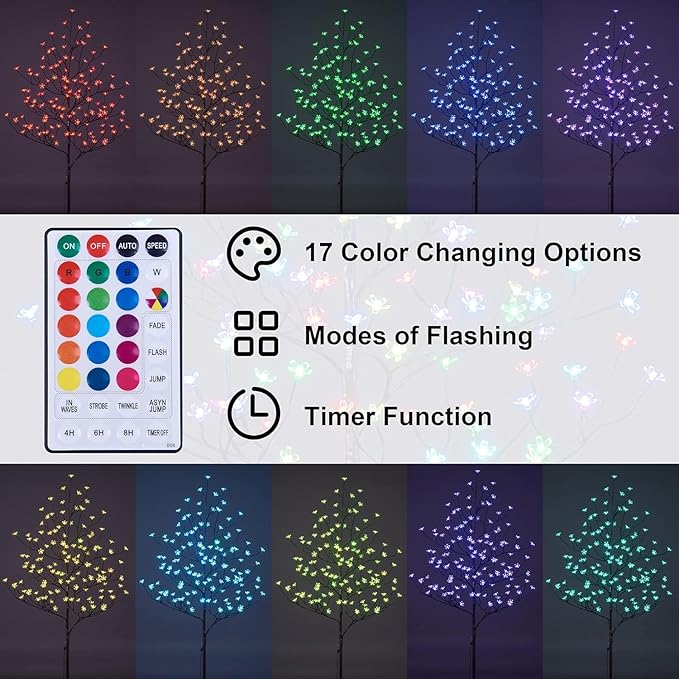 Lightshare 5FT 128L Lighted Cherry Blossom Tree RGB with Remote Control, 16 Color-Changing Modes, Decorate Home Garden, Spring, Summer, Wedding, Party, for Indoor and Outdoor Use