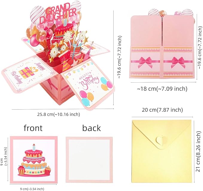 Happy Granddaughter Birthday Card Pop Up Card Box Gift From Grandma Grandparents 3D Funny Colorful Foldable Celebration Greeting Cards With Envelope For Women Birthday Party Decor