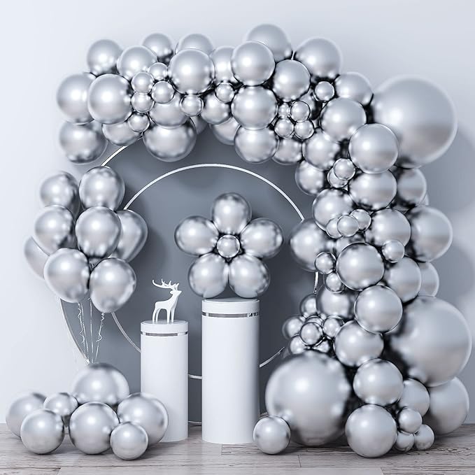 Metallic Silver Balloons Latex Balloon Kit - 78pcs (5/10/12/18inch) Chrome Silver Balloons for Birthday, Wedding, Bridal Shower, Anniversary - Unisex Children & Adults