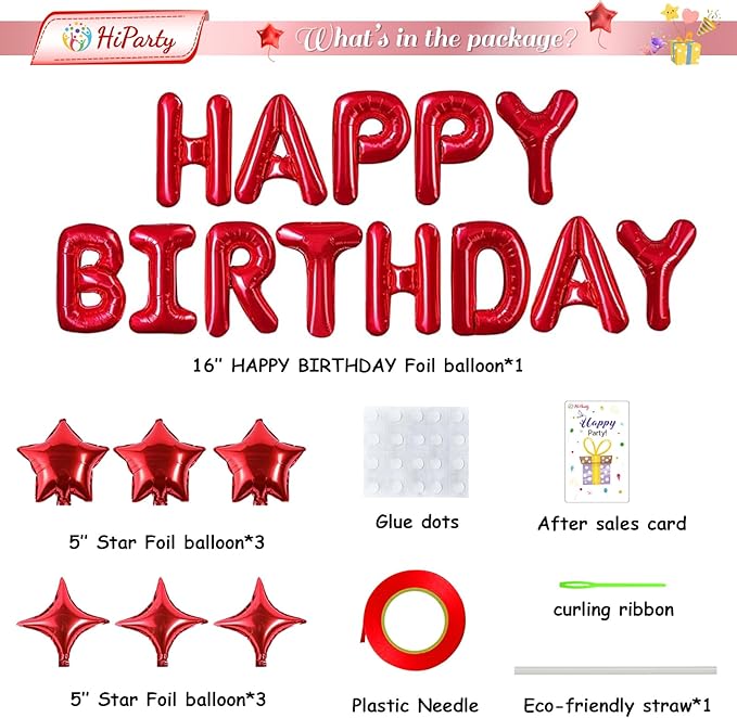 Happy Birthday Balloons Banner, Red 16 Inch Mylar Foil Letter Balloons with 6pcs Star Balloons, Birthday Party Decorations for Kids Girls Women Adults Birthday Party Supplies