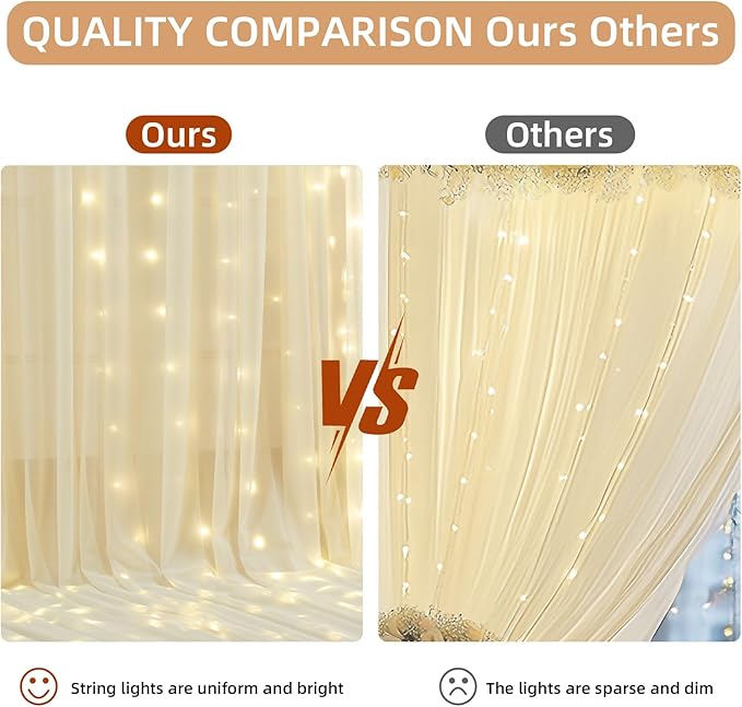 10x10FT Beige Wrinkle Free Backdrop Curtains with Lights String for Parties - Photo Curtain Backdrop with Lights for Wedding Decorations, Bridal Baby Shower Birthday Party Photography Background