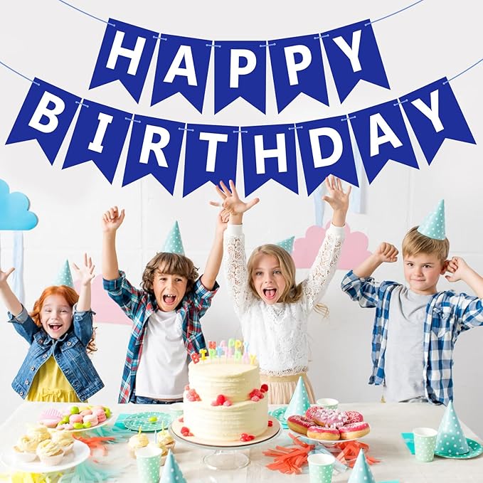 Happy Birthday Banner Sign, Birthday Garland Wall Door Hanging Banners Flag for Women Men Boys Girls Party Backdrop Decorations, Personalized Name Banner White Letters Blue