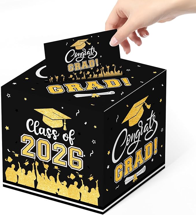 Graduation Card Box 2026 - Congrats Grad Card Boxes Holder, Black and Gold Class of 2026 Gift Cards Box for Graduation Decorations 2026 Favors Party Decor Supplies Props, 9x 9 x 9 inches