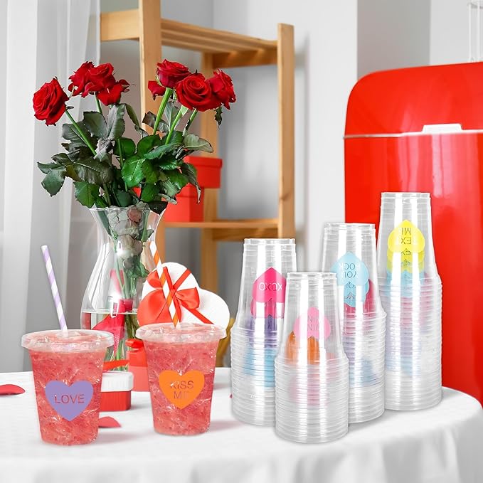 Whaline 60 Sets Valentine's Day Disposable Plastic Cups with Lids and Straws 12oz Conversation Heart Theme Party Cups Candy Heart Beverage Drinking Cup for Anniversary Wedding Birthday Dinner