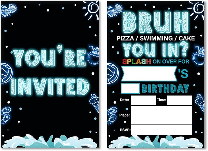 Soiceu Neon Teen Boy Pool Birthday Invitations Bruh Pool Birthday Party Invites Teenager Birthday Invitations with Envelopes Set of 20