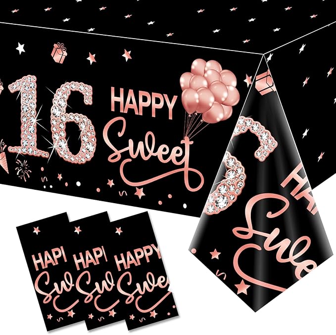 3 Pack Sweet 16th Birthday Tablecloth Decorations for Girls, Rose Gold Happy Sixteen Birthday Theme Table Cover Party Supplies, 16 Year Old Birthday Plastic Disposable Rectangular Table Cloth Decor