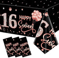 3 Pack Sweet 16th Birthday Tablecloth Decorations for Girls, Rose Gold Happy Sixteen Birthday Theme Table Cover Party Supplies, 16 Year Old Birthday Plastic Disposable Rectangular Table Cloth Decor