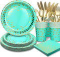 168PCS Teal Party Plates and Cups and Napkins sets,Teal Paper Plates Party Supplies Bulk with Gold Cutlery Serve 24 Guests for Bridal Shower Birthday Wedding Decorations