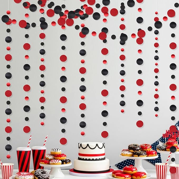 Outus 10 Pieces Black,Red Round Dots Garland Easter Graduation Party Hanging Decor Each Length 13.1ft Glitter Paper Dot Streamers for Birthday Wedding Classroom