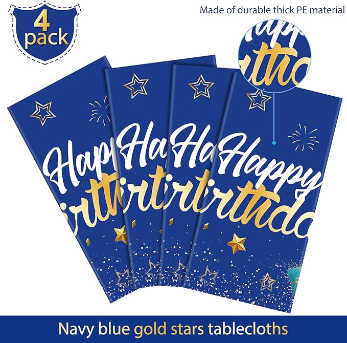 Tegeme Navy Blue Party Supplies Stars Happy Birthday Tablecloths Starry Confetti Table Covers for Kids Boys Girls Baby Shower Birthday Party Decorations(Navy Blue and Gold,4 Pack)