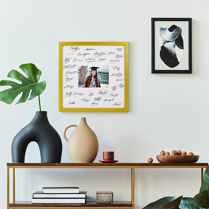 GraduatePro 14x14 Signature Picture Frame Board for 5x7 Photo with Signable Mat for Birthday Party Graduation Wedding Guest Book Gold