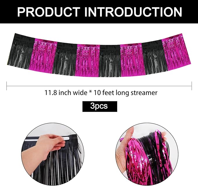 BEISHIDA 3 Packs Metallic Foil Fringe Garland Black Hot Pink Wall Hanging Tinsel Fringe Banners for Car Floats Bridal Shower Wedding Birthday Graduation Holiday Party Decoration(30 Feet)