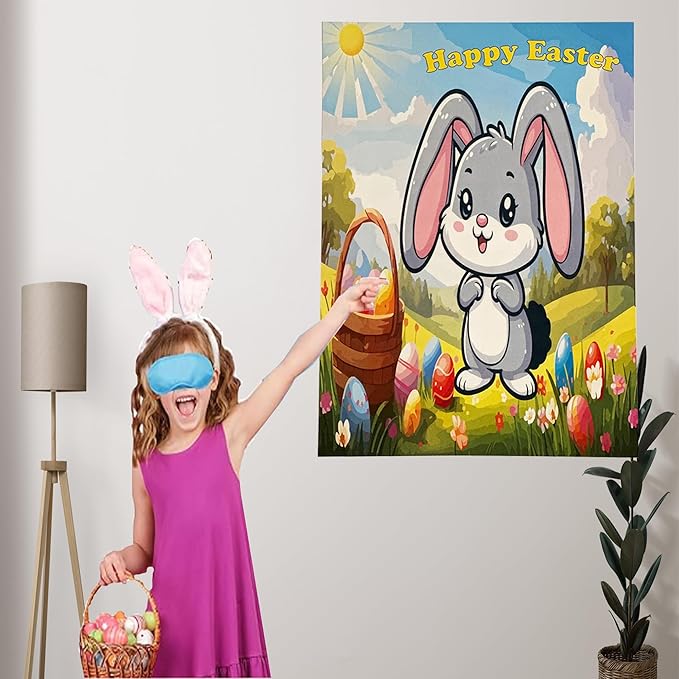 Easter Party Game, Pin The Tail on The Bunny, Sticker Tails for Bunny Game, Holiday Activity, Blindfold Included, Fun Easter Game, All Ages Game for Easter, 24 Sticker Tails