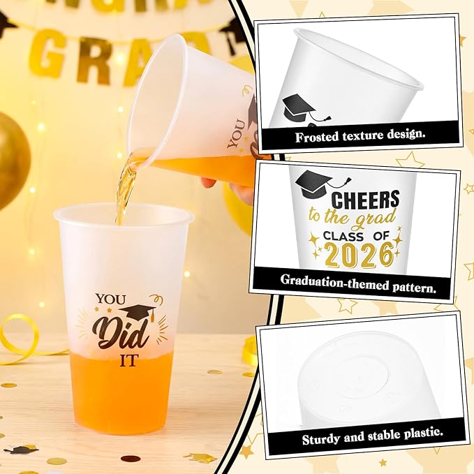 Yungyan 100 Pcs Frosted Graduation Cups 2026 Frosted Plastic Cups 16 oz Disposable Graduation Party Favors Congrats Grad Tableware Decoration for School Supplies