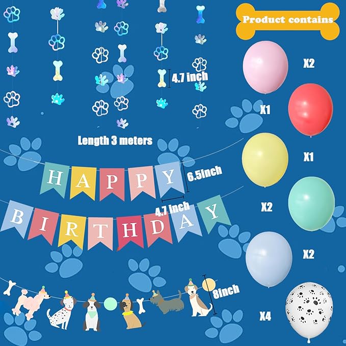 Happy Birthday Dog Banner Latex Balloon Paw Party Decorations Kid's Birthday Decorations for Boys Girls Baby Shower Party Supplie (Banner+Latex Balloon)