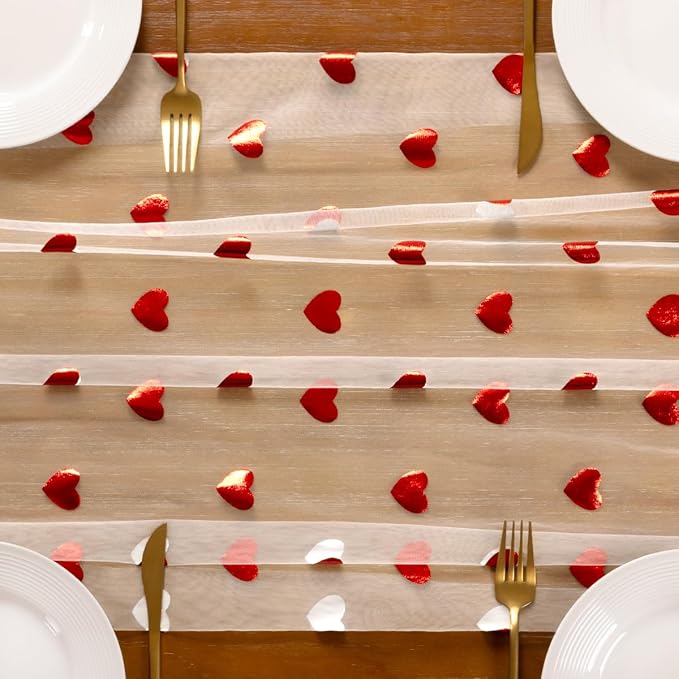 Socomi Valentine's Day Red Heart Table Runner Gauze Sheer Romantic Sequin 10FT Glitter Metallic Foil Dining Wedding Birthday Party Baby Shower Holiday Centerpiece Table Decor 3pcs Beige