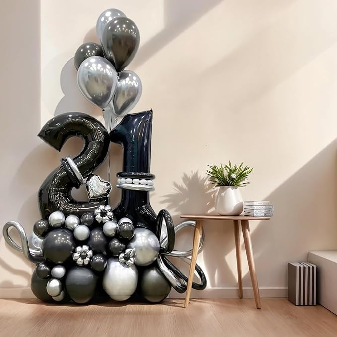 10PCS 40 Inch Large Foil Number Balloons 0-9 Set - Reusable Metallic Black Birthday Wedding Decorations