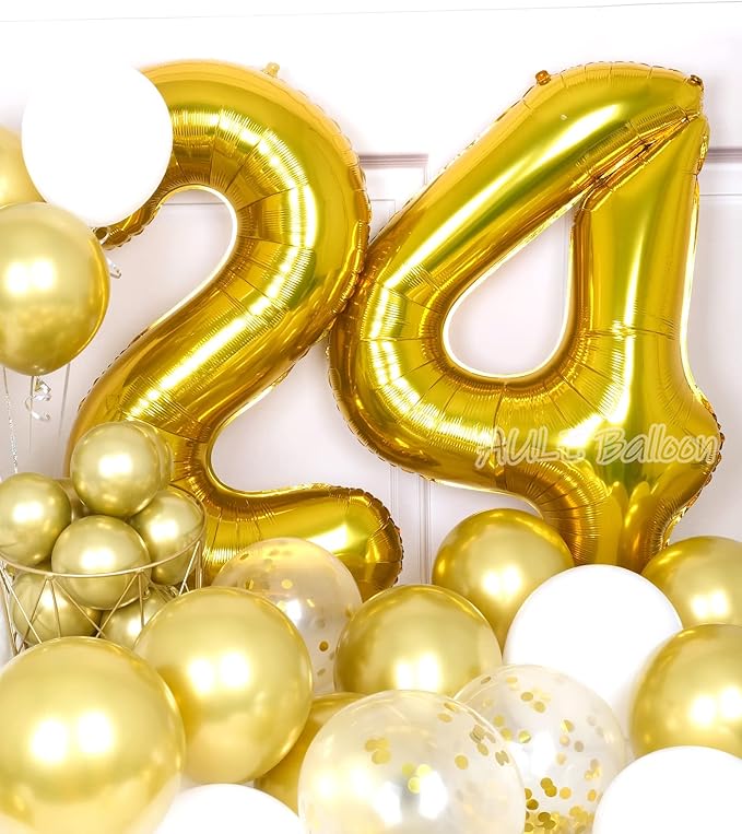 AULE 40 Inch Large 24 Number Balloons Gold, Big Foil Number Balloons, Giant Helium Happy 24th Birthday Party Decorations for Man and Women, Huge Mylar 42 Anniversary Party Supplies