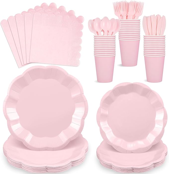 175 Pcs Pink Paper Plates and Napkins Set Include 9" Easter Plates, 7" Dessert Plate Disposable Scalloped Tableware Serve 25 Guest for Wedding Baby Shower Bridal Shower Birthday Mother's Day