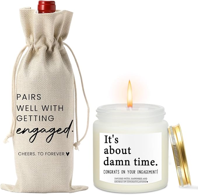 Engaged Engagement Gifts for Couples Her Engagement Party Decorations for Couple Wine Bag Scented Candles Set Pairs Well with Getting Engaged Wine Bag It's About Damn Time Candles