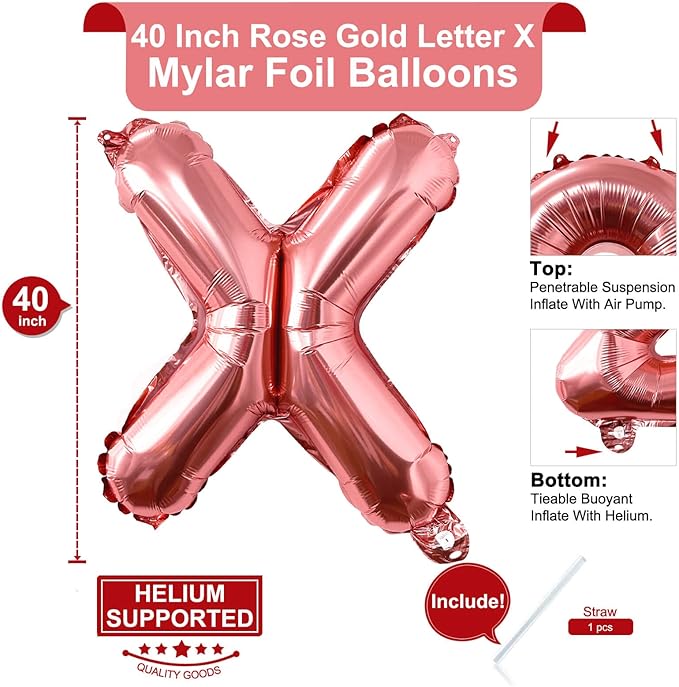 Lovoir 40 Inch Large Rose Gold Letter X Balloons Big Size Jumbo Mylar Foil Helium Balloon for Birthday Party Celebration Decorations Alphabet Rose Gold X